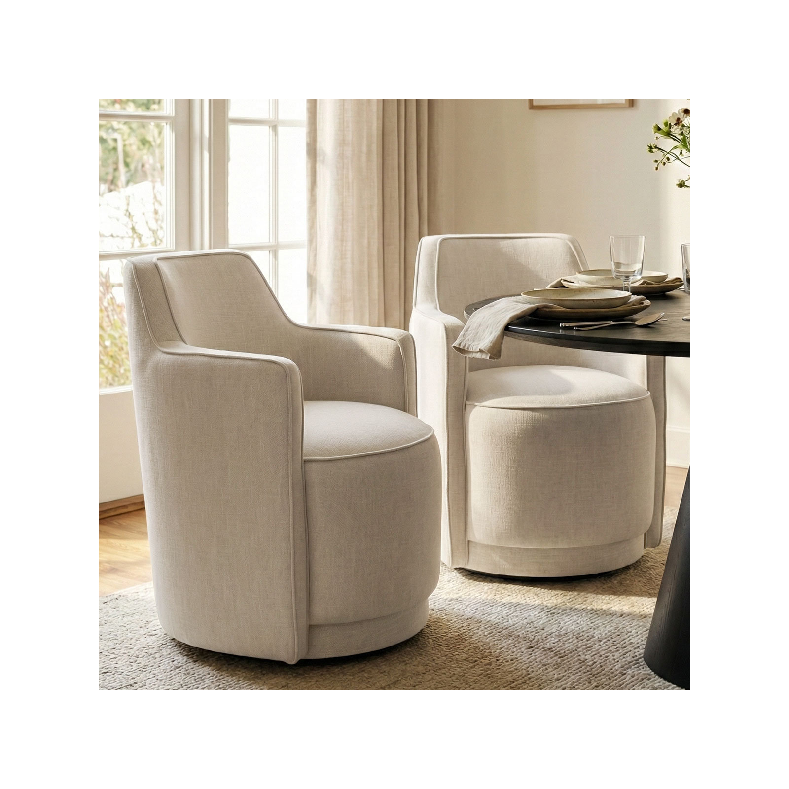 19" Seat Height Upholstered Swivel Dining Chair, Beige