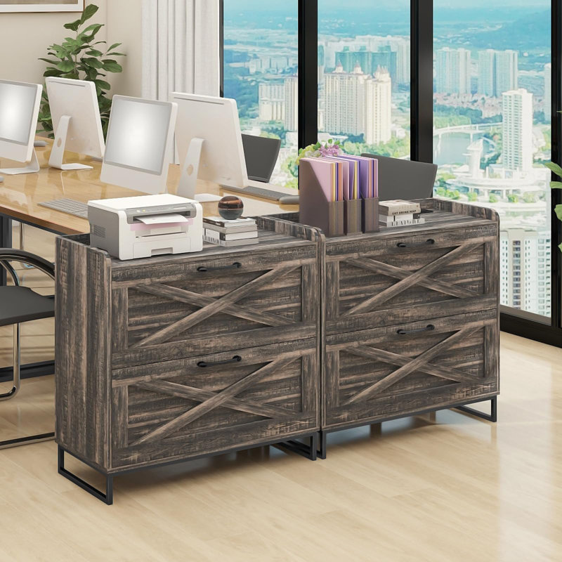 Lateral File Cabinet With Charging Station, Dark Rustic Oak