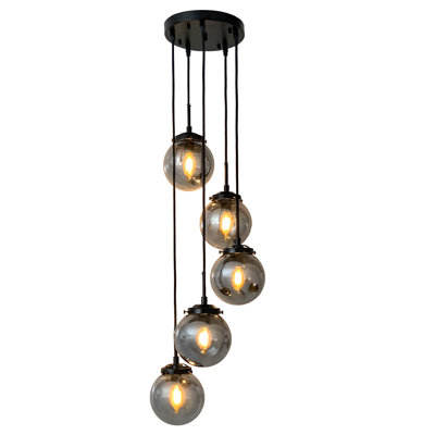 Rhetta 5-light Modern Cluster Smoke Glass Globe Linear Chandelier In Matte Black For Staircase