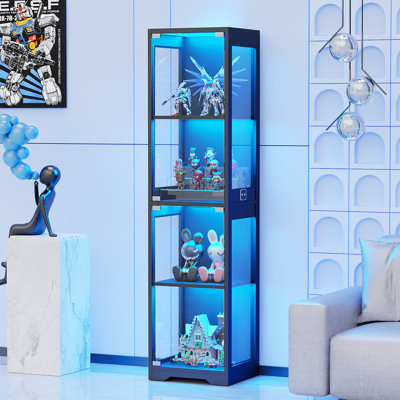 Glass Display Cabinet, 4-Tier Curio Cabinet with 3 Color Lights for Collectibles, Bookshelf with Door, Glass Display Case with Human Body Sensor, Black