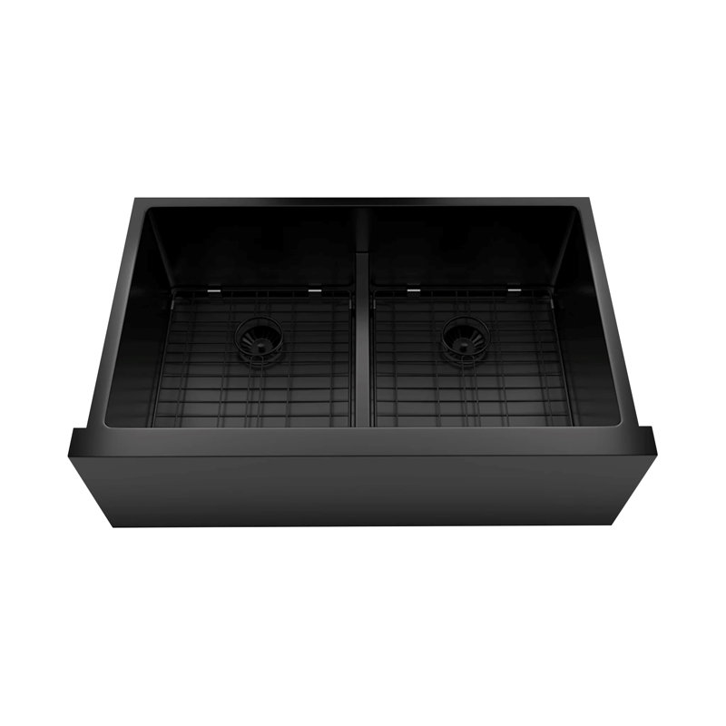 Double Bowl Apron Front Stainless Steel Kitchen Sink with Low Dam Gun Metal Finish, Gun Metal