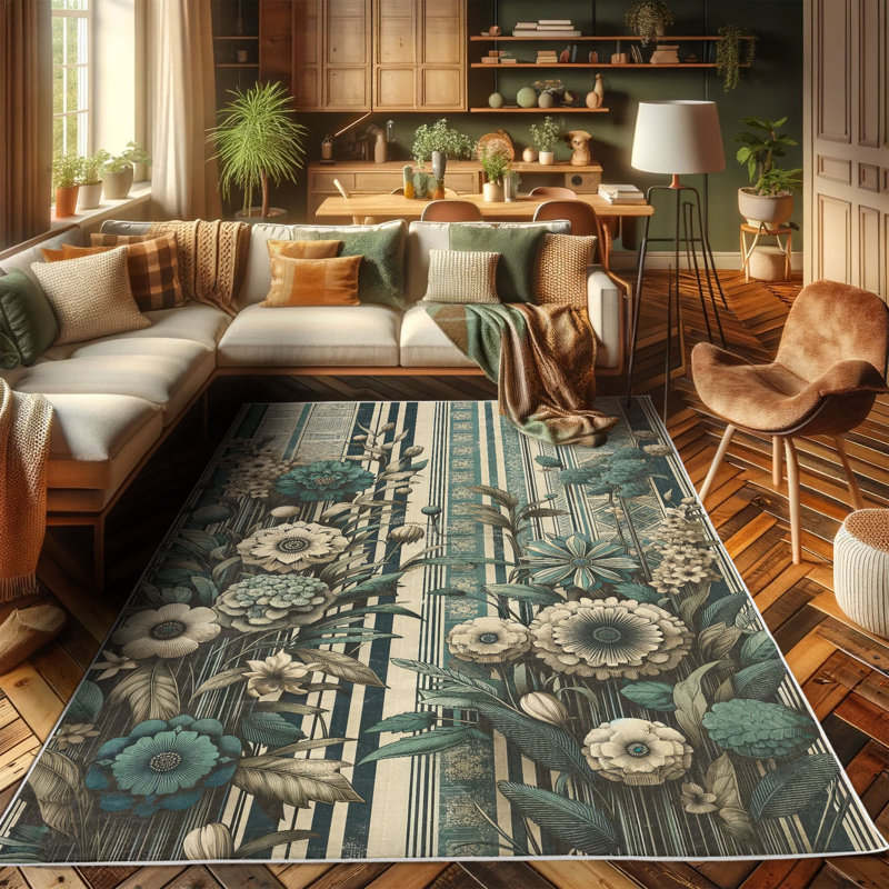 Teal and Ivory Floral Boho Area Rug, 2' 5" x 5'