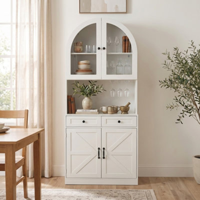 Armoire garde-manger arquée 75 po avec station de charge, tablettes réglables, portes en verre et comptoir ouvert, armoire de rangement pour bar, cuisine, salle à manger et salon