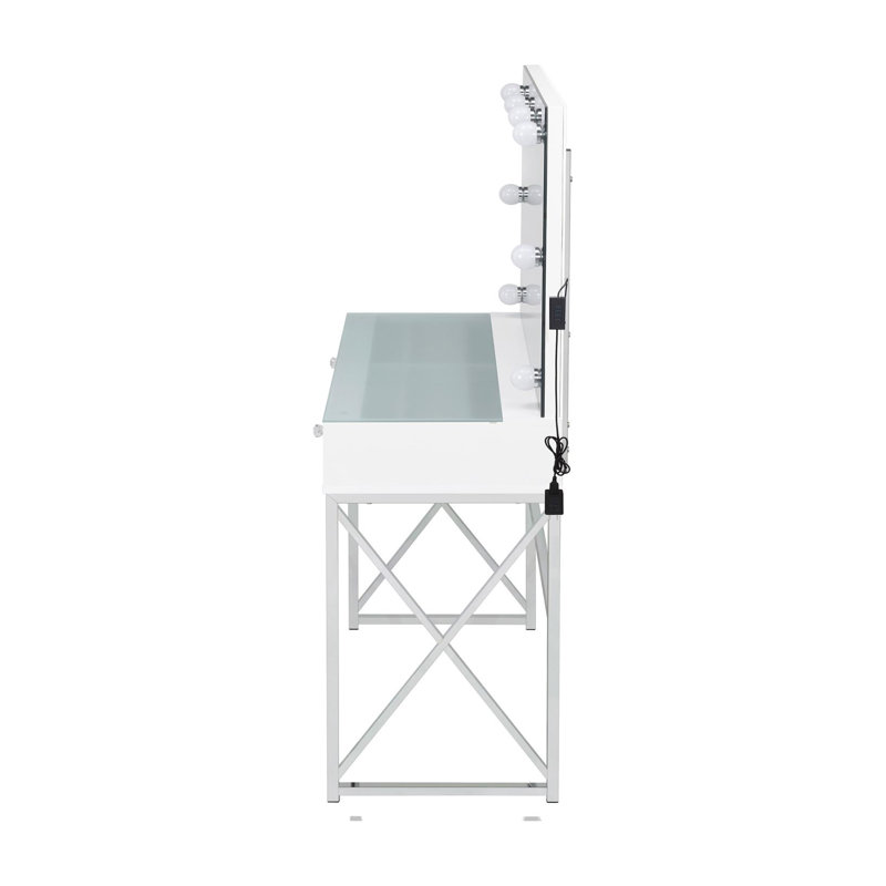 2 - Drawer Vanity Desk with Lighted Mirror and Stool in White and Chrome