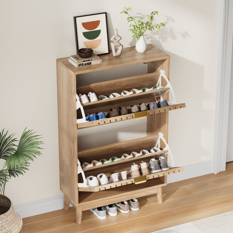 Shoe Storage Cabinet with Flip-Down Drawers,Freestanding Entryway 16-24 Pairs Slim Shoe Cabinet,Oak, Oak Wood