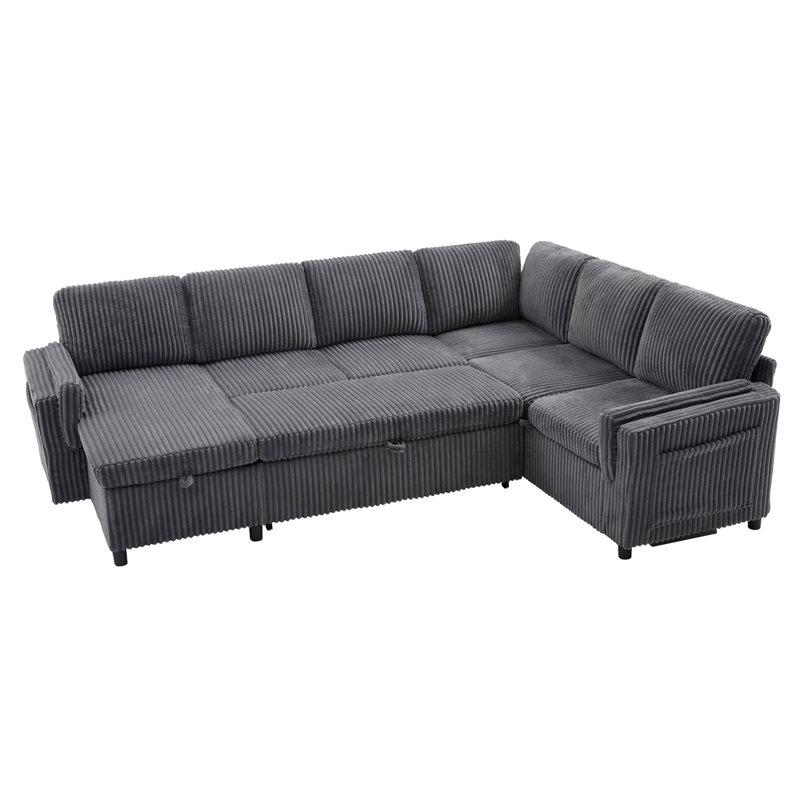 Canapé-lit convertible Canapé-lit modulaire de 111 po avec canapé USB, Velours côtelé gris