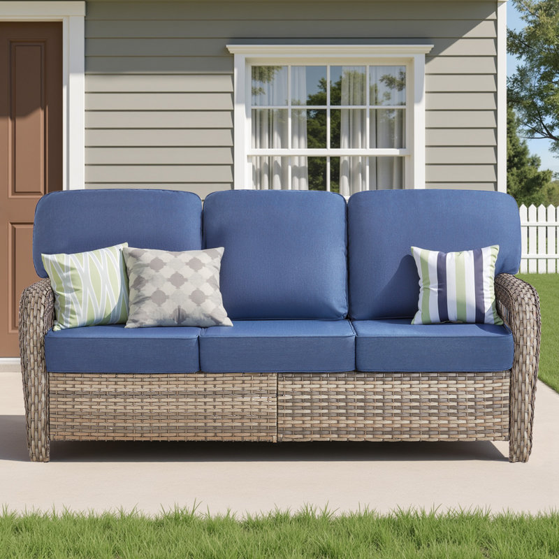 Patio Outdoor 3-Seat Sofa, Outdoor Conversation Furniture, All-Weather Rattan Couch With Cushion, Blue, Brown