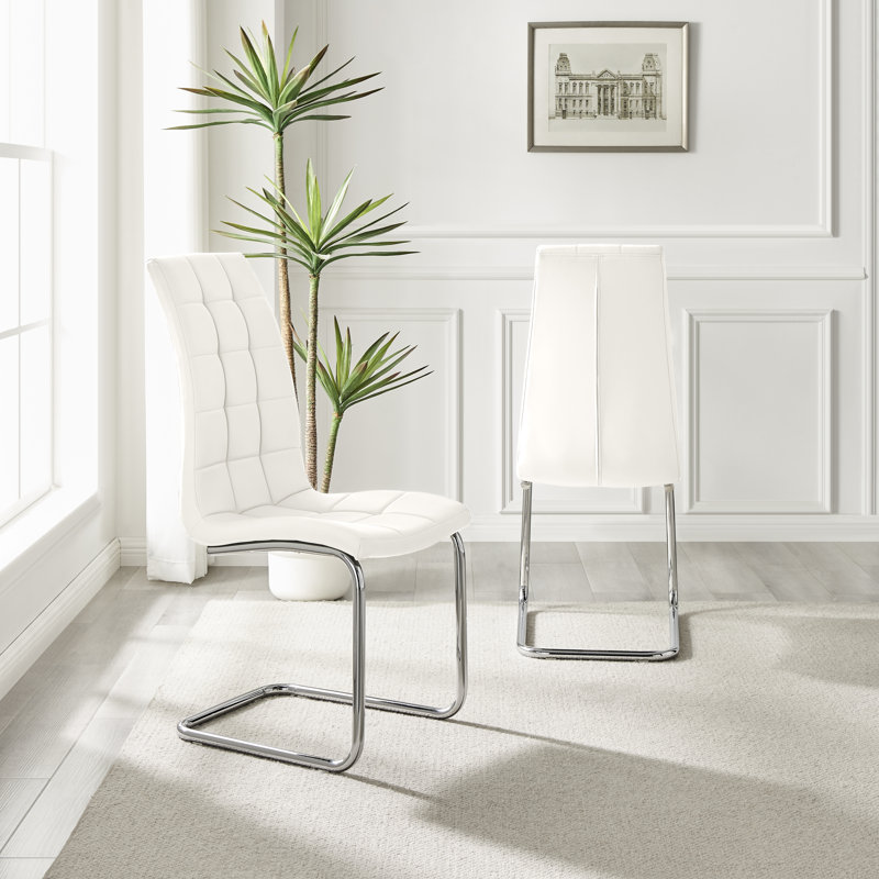 Chowchilla Faux Leather Cushioned Chrome Cantilever Leg Dining Chairs with Square Stitching, White