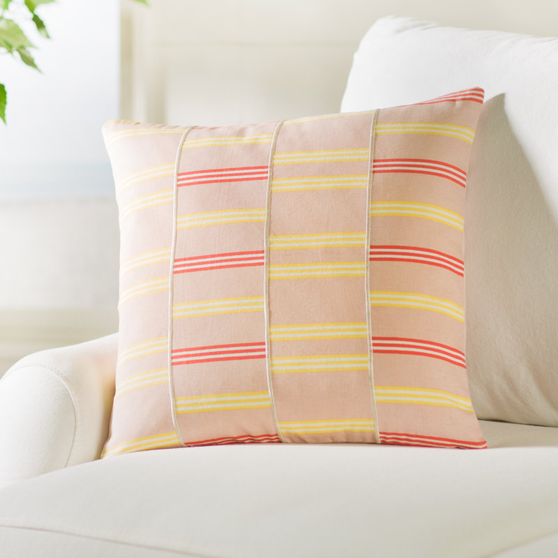 Striped Square Throw Cushion, Medium, Pale Pink / Butter / White / Orange, Down Blend