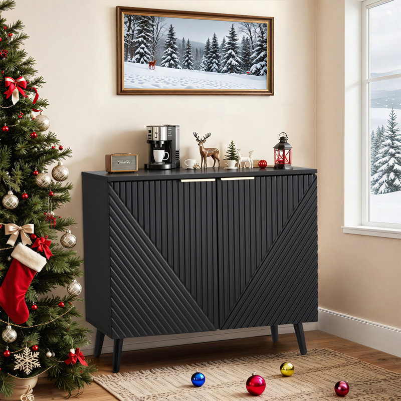 Fluted Sideboard Cabinet With Adjustable Shelves & Multifunctional Wooden Accent Cabinet With Doors, Buffet Storage, Black