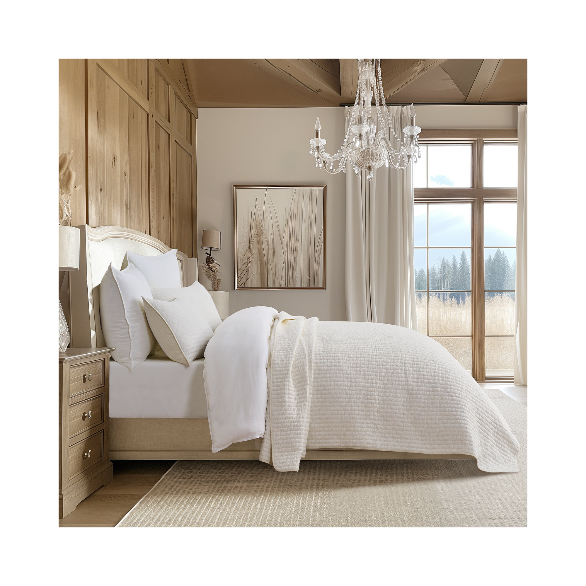 Cross Stitch Cotton Quilt set, Ivory White, King