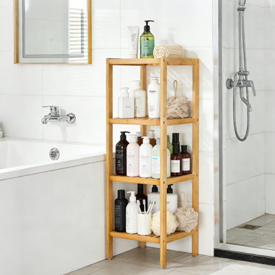 Étagère de coin à 4 niveaux en bois naturel 13 po, étagère à lattes multifonctionnelle pour salle de bain, cuisine, chambre à coucher, salon, bois
