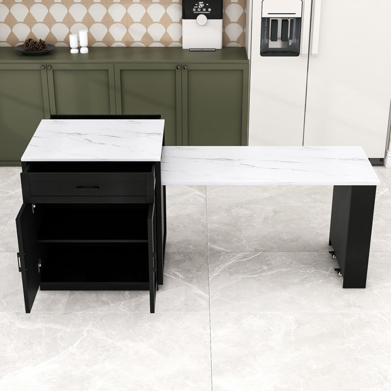 Dionigio 83" Kitchen Island Set with Extendable Dining Table, Power Outlets and Storage Cabinet, Black