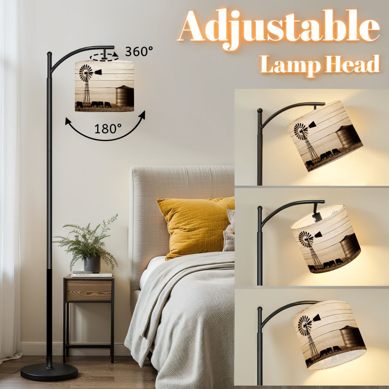 Lampe sur pied à arc avec abat-jour réglable Western Farmhouse Highland Cow Rustic Windmill Structure