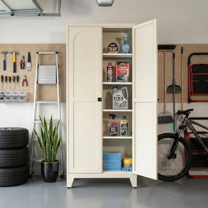 71" Metal Garage Storage Cabinet with 2 Shapely Doors, Adjustable Shelves Utility Organizer, Beige, Beige