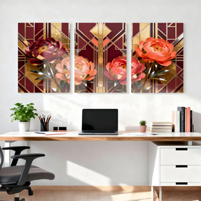 Ensemble de 3 tableaux sur toile à motifs floraux Art déco pour la décoration du salon et de la chambre