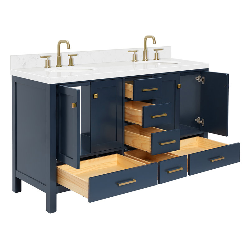 Cambridge 60.25'' Double Bathroom Vanity with Carrara Quartz Top, Midnight Blue / Satin Brass