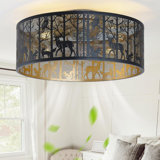 Flush Mount Ceiling Fan With Lights And Remote Control, Boho Style Low Profile Design, 6 Speeds, Caged Enclosure For Bedroom, Living Room, Nursery, Foyer