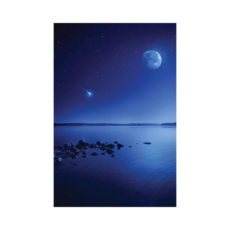 Tranquil Lake Against Starry Sky, Moon And Falling Meteorite, Finland II by Evgeny Kuklev - Wrapped Canvas Print