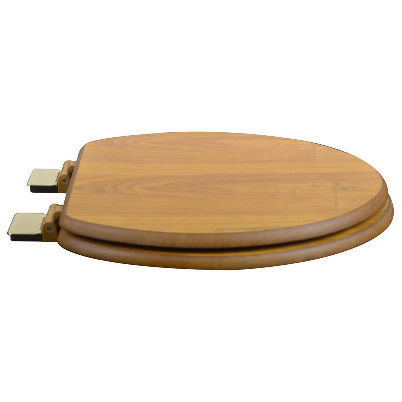 Elongated Toilet Seat and Lid, Light Oak, Polished Brass