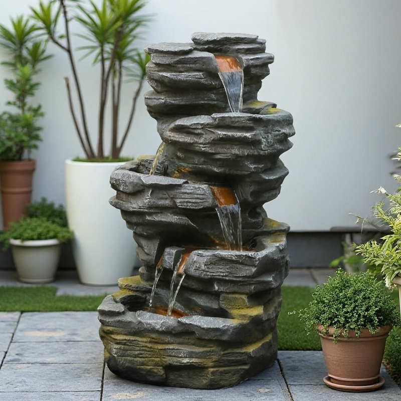 Water Fountain Resin Tiered Waterfall With Stone Look & LED Lights - Garden Decor