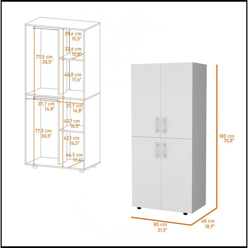 Armoire Hazel en mélamine avec 2 portes, 4 tablettes et 2 barres à vêtements, Blanc