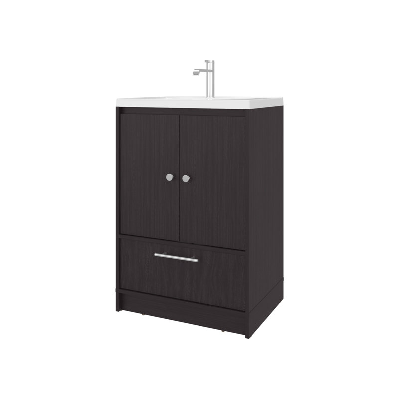 Meuble-lavabo autoportant à 2 portes avec lavabo et tiroir inférieur, Wengé, Wengé