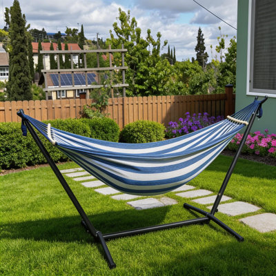 Blue White Upgraded Portable Camping Hammock, 550Lb Capacity With Anti-Roll Balance Beams, Metal Knots & Tree Straps For Outdoor Camping & Patio