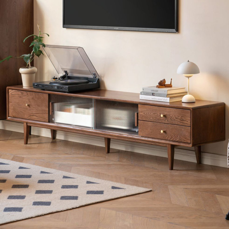 200cm Solid Oak TV Stand with Fluted Glass Doors, Drawers, 200CM, Brown Oak