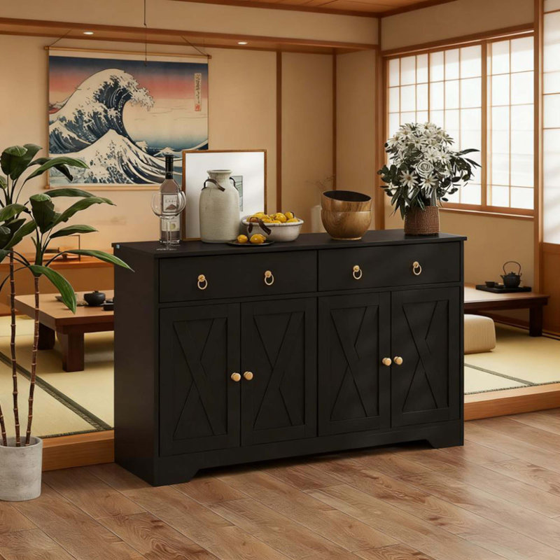 Buffet de rangement de cuisine avec portes de style grange et armoire à tiroirs