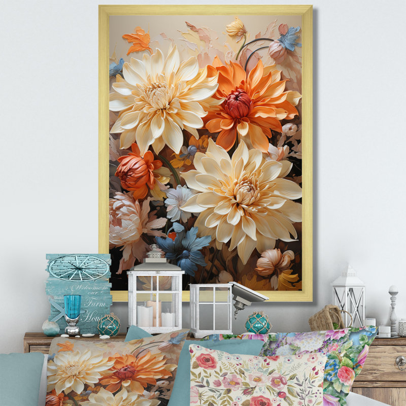 Yaleska Chrysanthemums Autumn Gold Patchwork I, Encadrement doré, H 40 po x l 30 po x P 1,5 po