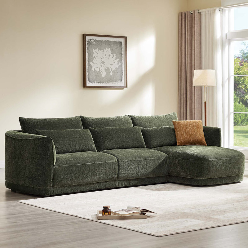 119'' Modular Curved Chenille Sofa With Chaise, Right Hand Facing, Forest Green Polyester