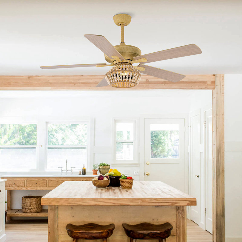52'' Boho Beaded Caged Ceiling Fan with Light Kit and Remote Control, Double-Sided Blades,  4"/10" Downrods, Reversible Motor