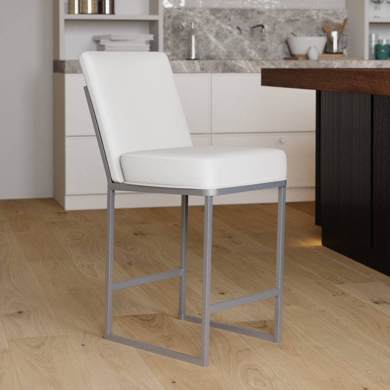 Tabouret rembourré Kelsey, Tabouret de comptoir (siège d'une hauteur de 26 p, Lustrous Siver - blanc, Vail blanc pur