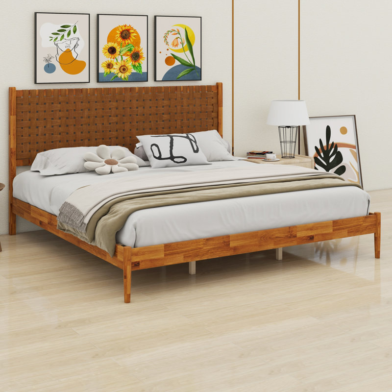 Lit plateforme minimaliste en bois avec tête de lit Vegan tissée artisanalement, King, Caramel