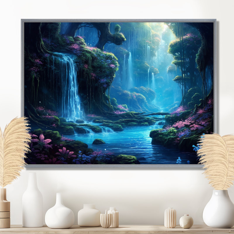 Blue Green Calming Waterfall - Waterfall Canvas Print Wall Art, 24" H x 32" W x 1" D, Silver Floater Framed
