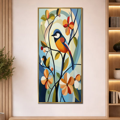Bleu vert, bleu, vert, oiseau chinois, fleurs printanières, reproduction d'art sur toile encadrée botanique