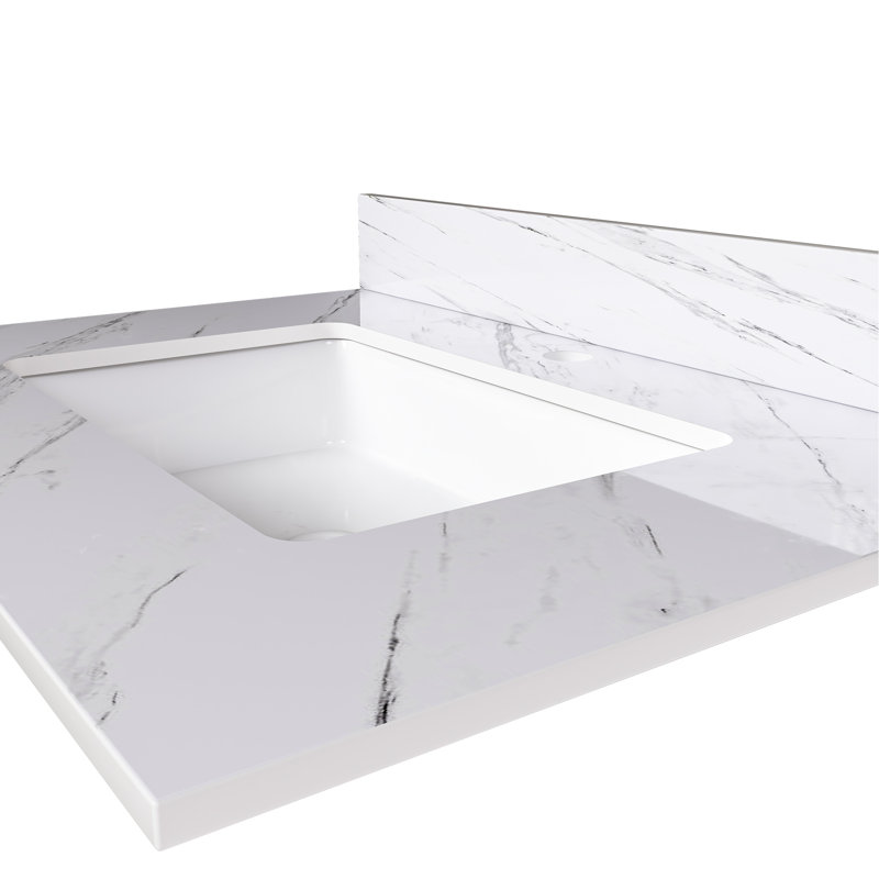 Dessus de meuble-lavabo en marbre 31 po pour salle de bain - Pierre frittée blanche, lavabo rectangulaire, dosseret de 4 po, trous de robinet pré-percés et attrayante pierre élégante