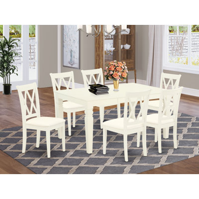 Ensemble de table et de chaises de cuisine 7 pièces composé d'une table de salle à manger rectangulaire en forme de papillon et de 6 chaises en tissu de lin, blanc lin
