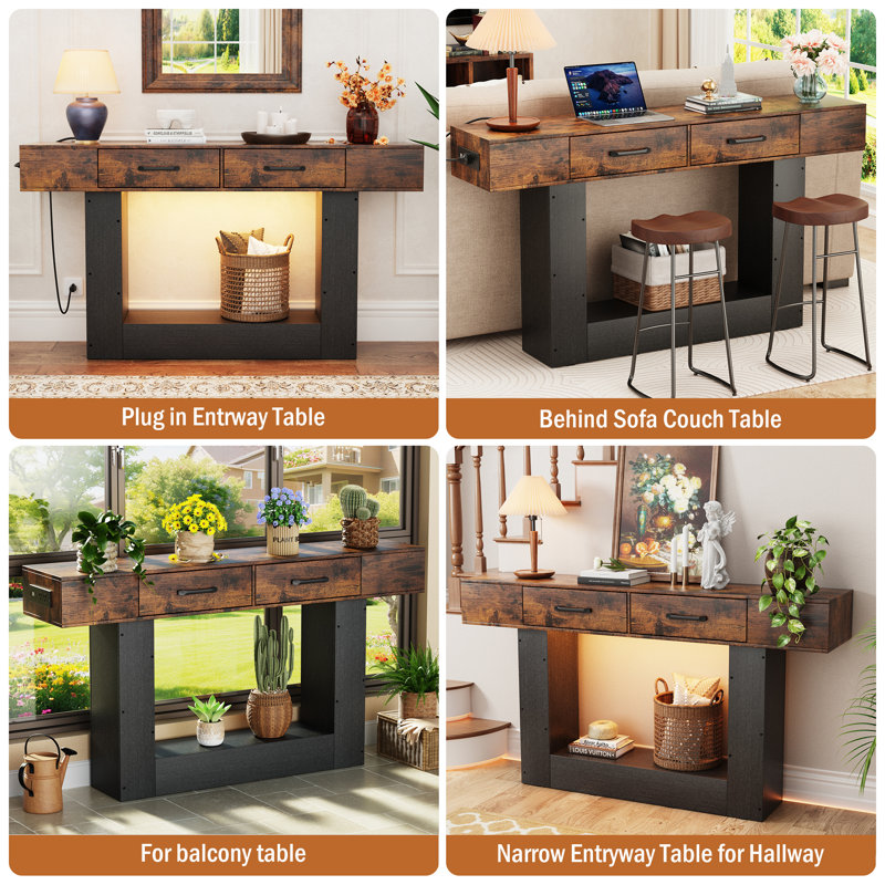 63" W Farmhouse Style Wooden Rectangular Console Table, U-Shape Leg Behind The Couch Sofa Table, Brown/Black