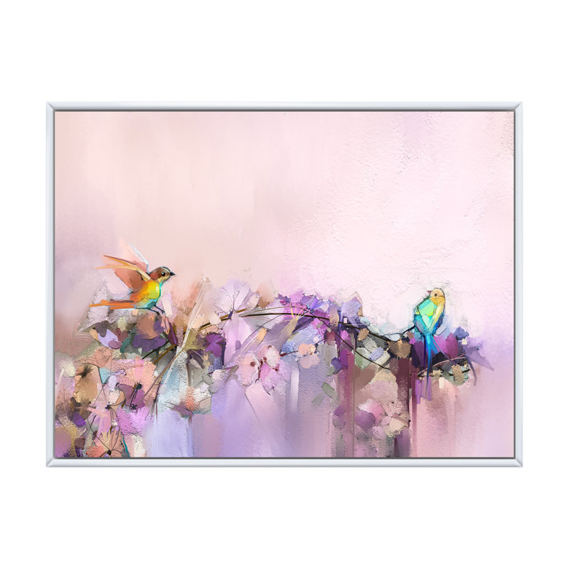 Pinceau, oiseaux mauves et beiges - reproduction encadrée sur toile, H 16 po x l 32 po x P 1 po, Cadre flottant blanc