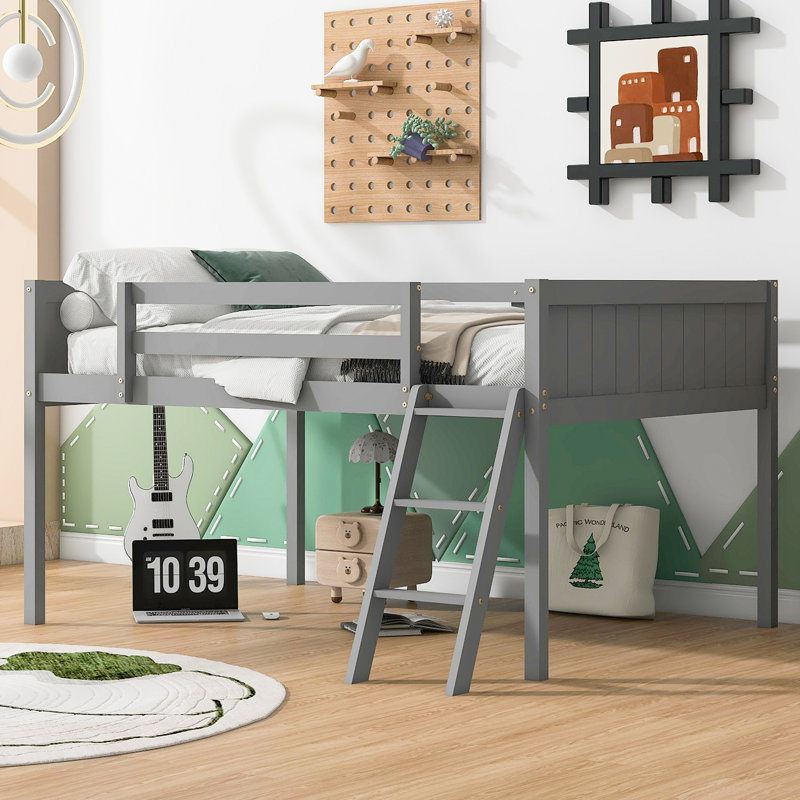 Lit mezzanine bas en bois avec échelle, l'échelle peut être placée à gauche ou à droite, Gris, Lit double