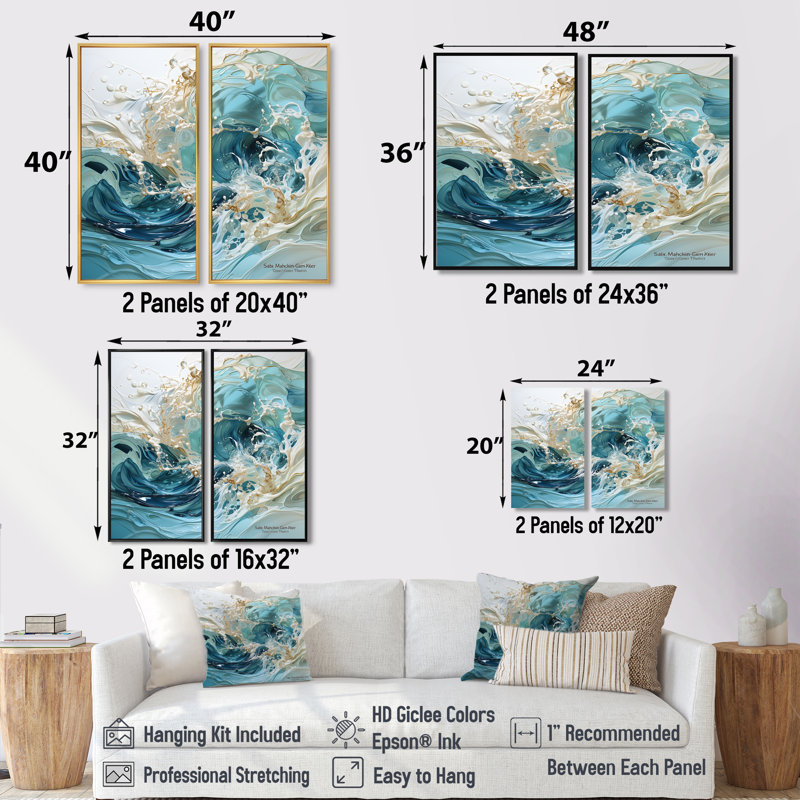 Décoration murale océan vague liquide - Turquoise, H 32 po x l 32 po, Impression encadrée flottante, Doré