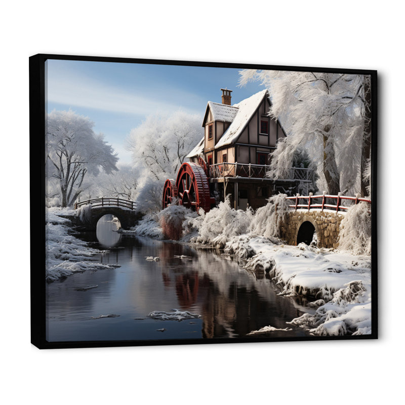 «White Blue Mill In Winter», reproduction sur toile, H 12 po x l 20 po x P 1 po, Cadre flottant noir