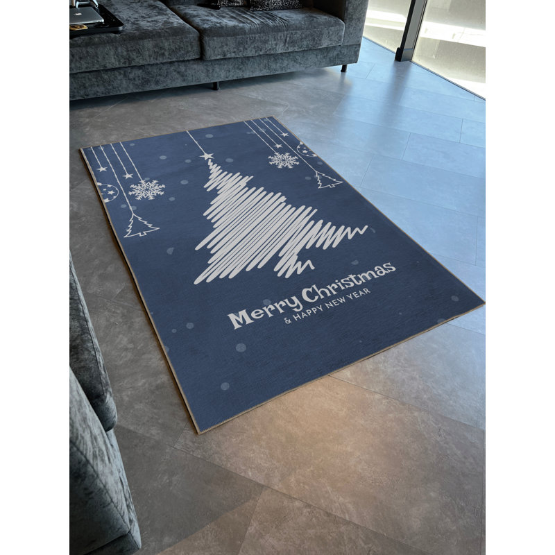 Tapis bleu à motif de sapin bleu, Rectangle 3 pi 11,24 po x 5 pi 10,87 po