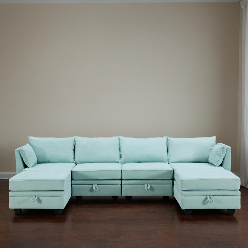 Reversible Modular Sleeper Sectional Sofa Bed, Light Green Linen Blend