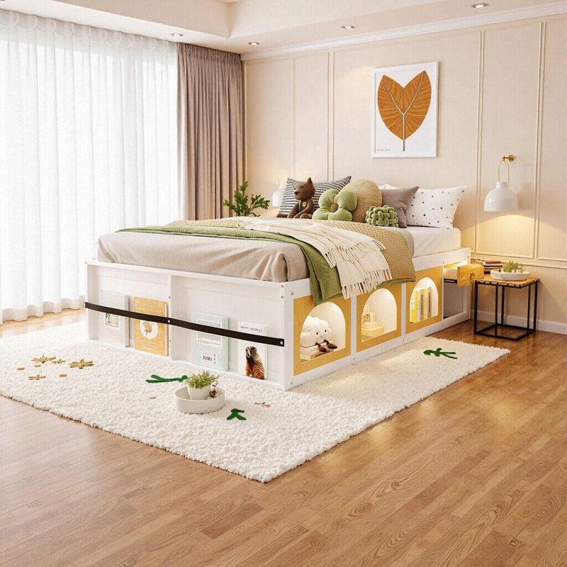 Grand lit plateforme en bois avec bibliothèque, lumières DEL et rangement Elegant, Blanc + Naturel / Rose + Blanc