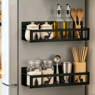 2-Pack Deer Magnetic Spice Rack, Black Metal Refrigerator Side Basket Shelf for Seasoning Storage & Kitchen Decor