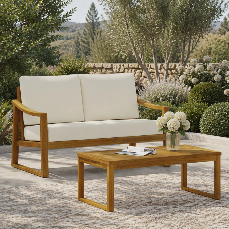 Table basse et causeuse Samwell, Coussin beige / structure en teck