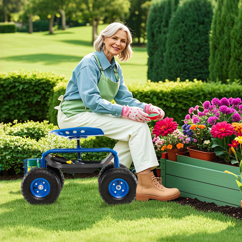 Cart Wagon Rolling Work Seat w/ Tool Tray Basket Planting Patio Blue, Blue, Blue, 21.5